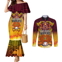Custom PNG Port Moresby Vipers Rugby Couples Matching Mermaid Dress and Long Sleeve Button Shirts Fire Vipers Mix PNG Bird Polynesian Tattoo LT03 Yellow - Polynesian Pride