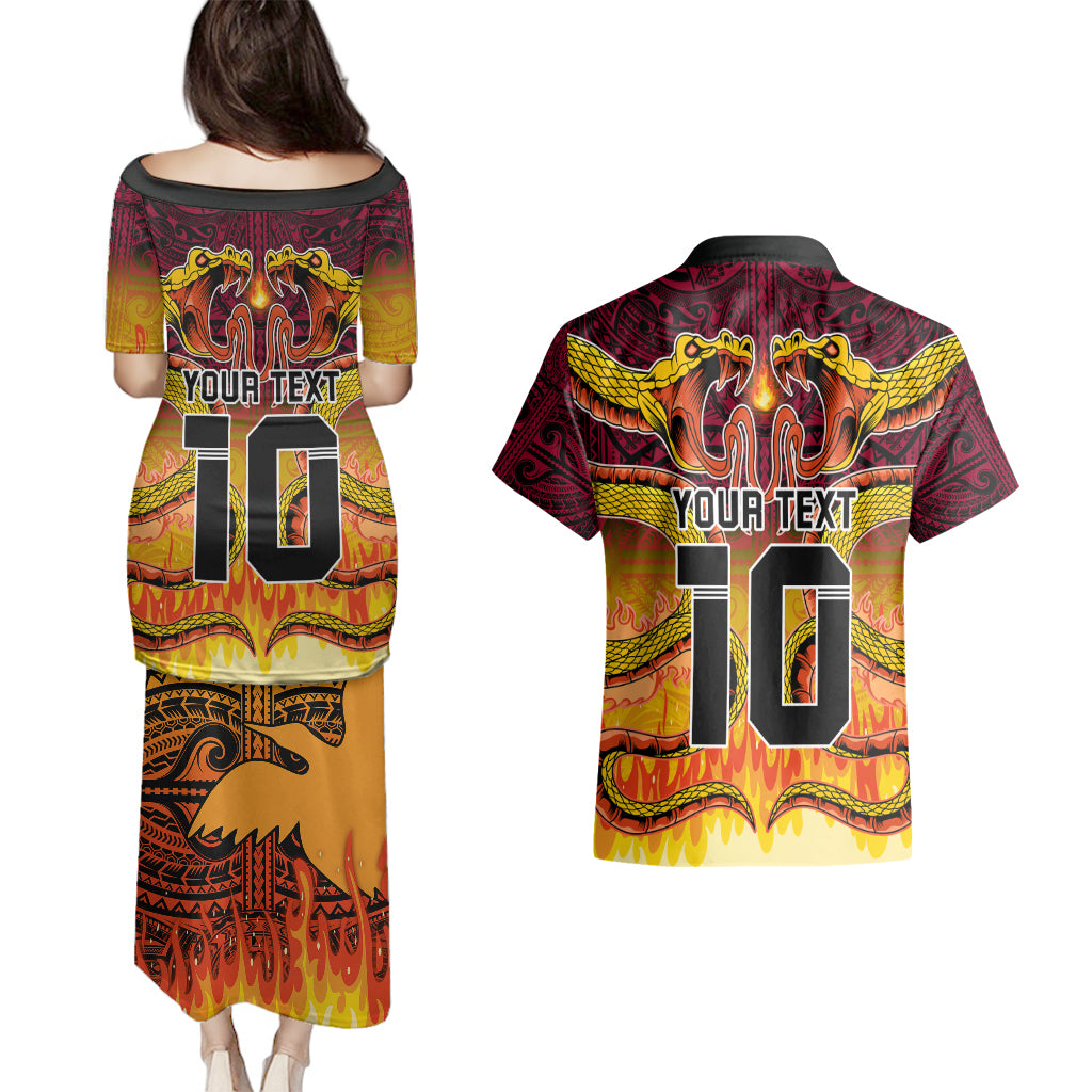 Custom PNG Port Moresby Vipers Rugby Couples Matching Puletasi Dress and Hawaiian Shirt Fire Vipers Mix PNG Bird Polynesian Tattoo LT03 - Polynesian Pride