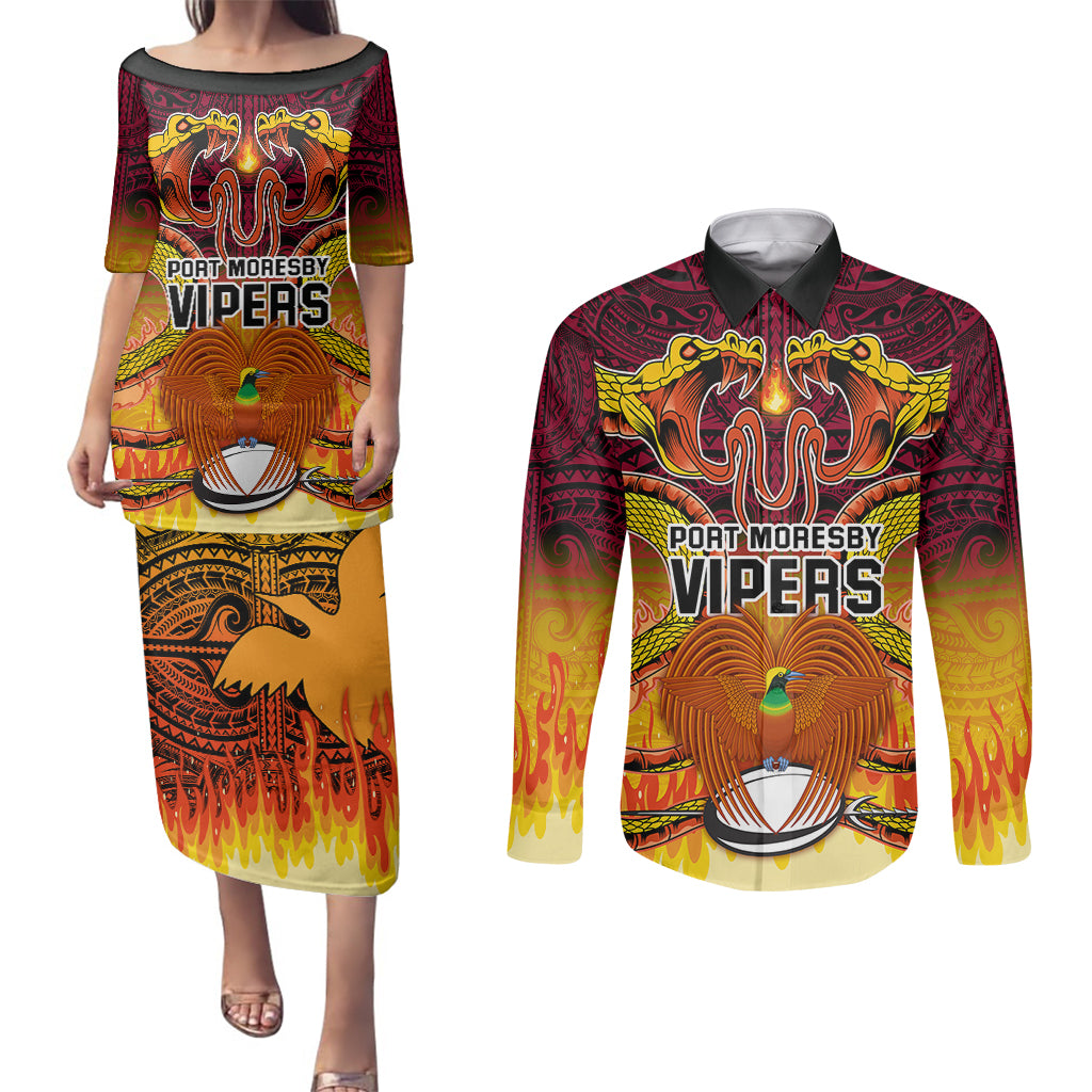 Custom PNG Port Moresby Vipers Rugby Couples Matching Puletasi Dress and Long Sleeve Button Shirts Fire Vipers Mix PNG Bird Polynesian Tattoo LT03 Yellow - Polynesian Pride