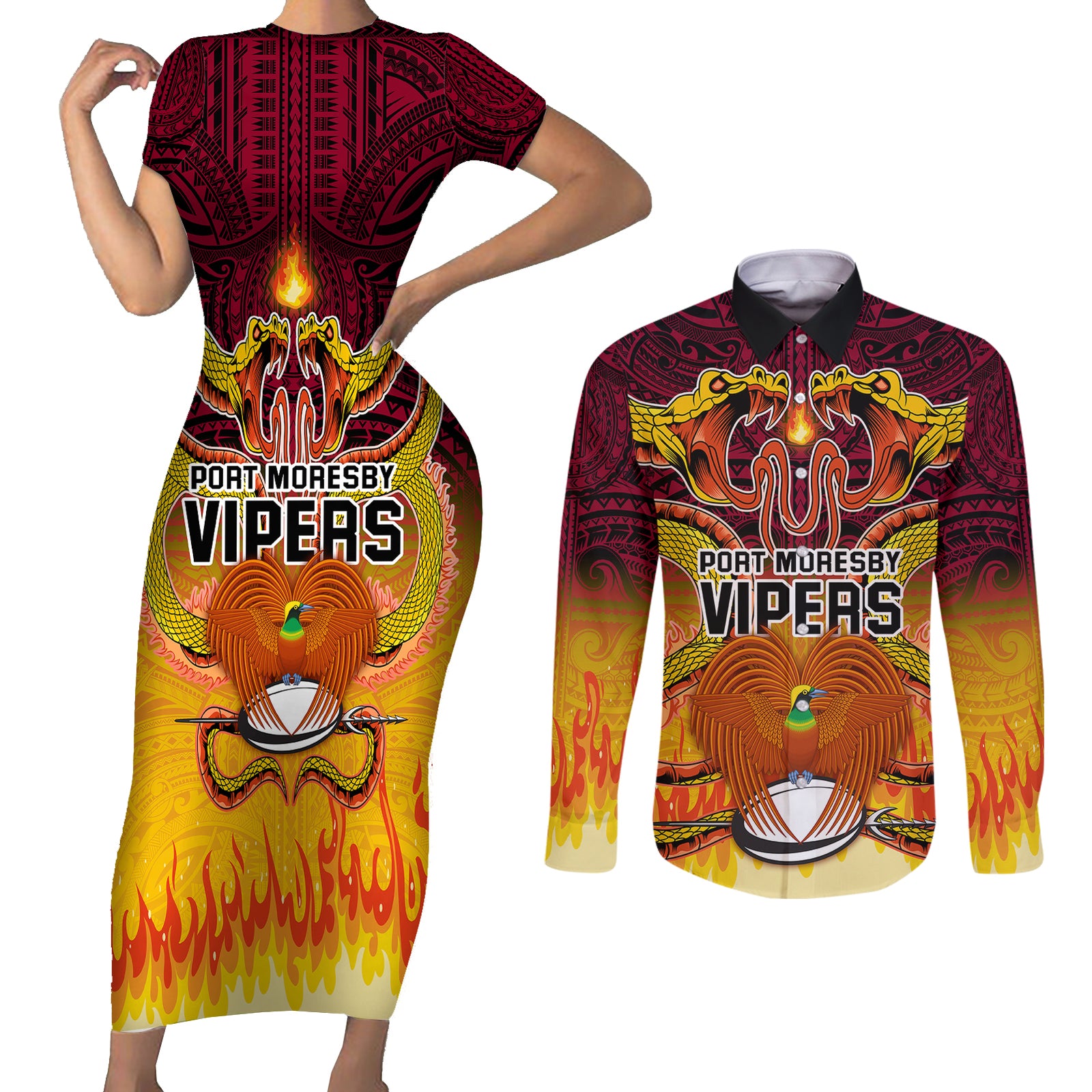 Custom PNG Port Moresby Vipers Rugby Couples Matching Short Sleeve Bodycon Dress and Long Sleeve Button Shirts Fire Vipers Mix PNG Bird Polynesian Tattoo LT03 Yellow - Polynesian Pride