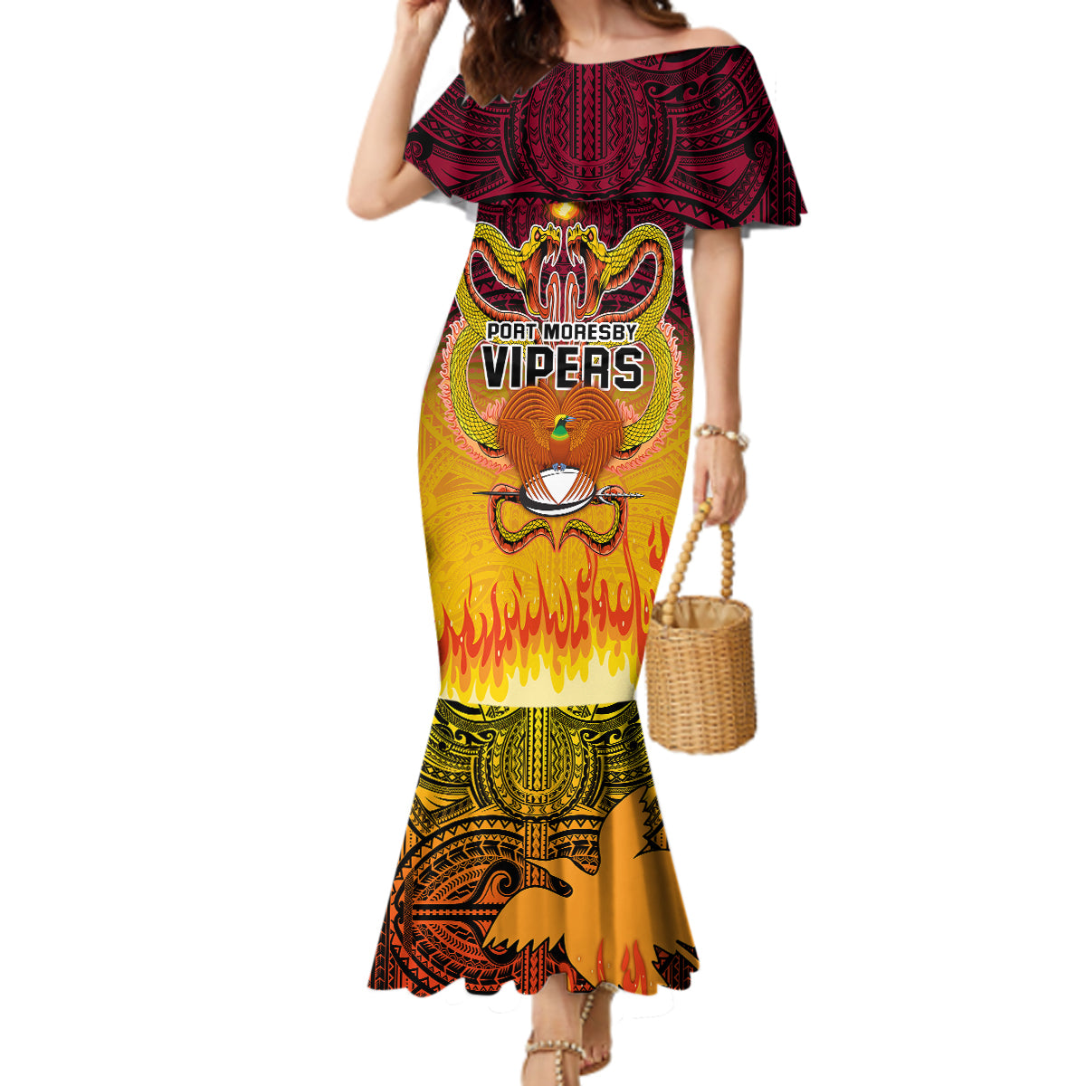 Custom PNG Port Moresby Vipers Rugby Mermaid Dress Fire Vipers Mix PNG Bird Polynesian Tattoo LT03 Women Yellow - Polynesian Pride