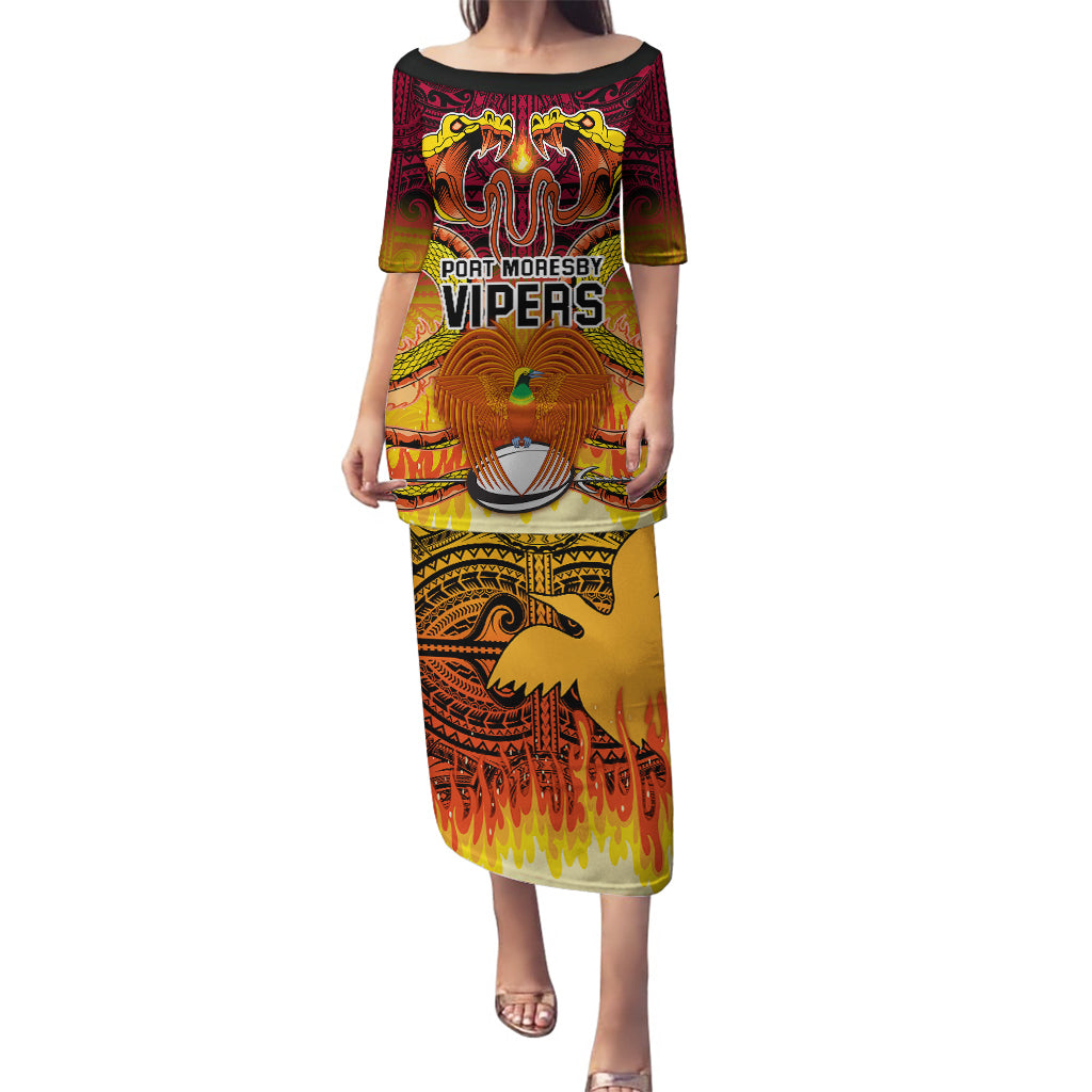 Custom PNG Port Moresby Vipers Rugby Puletasi Fire Vipers Mix PNG Bird Polynesian Tattoo LT03 Long Dress Yellow - Polynesian Pride