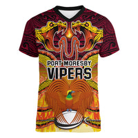 Custom PNG Port Moresby Vipers Rugby Women V Neck T Shirt Fire Vipers Mix PNG Bird Polynesian Tattoo LT03 Female Yellow - Polynesian Pride