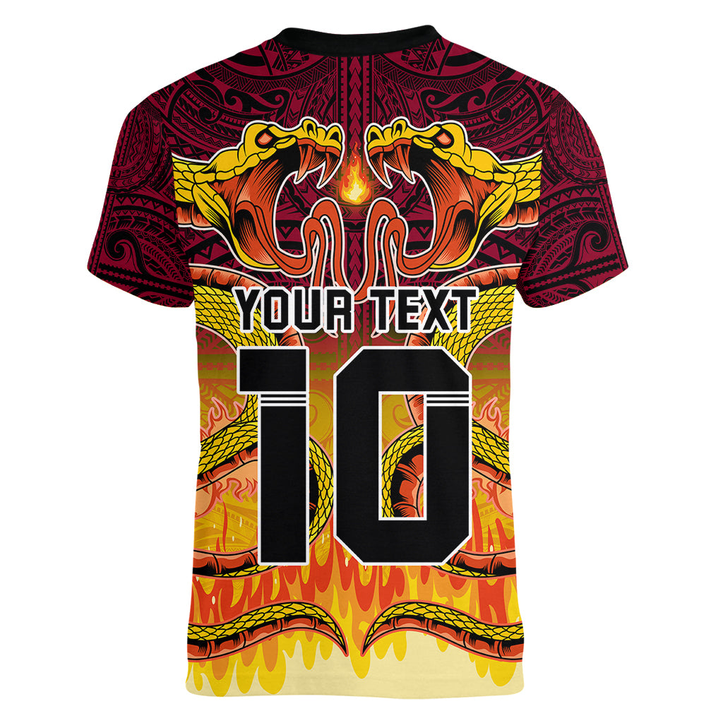 Custom PNG Port Moresby Vipers Rugby Women V Neck T Shirt Fire Vipers Mix PNG Bird Polynesian Tattoo LT03 - Polynesian Pride