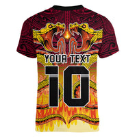 Custom PNG Port Moresby Vipers Rugby Women V Neck T Shirt Fire Vipers Mix PNG Bird Polynesian Tattoo LT03 - Polynesian Pride