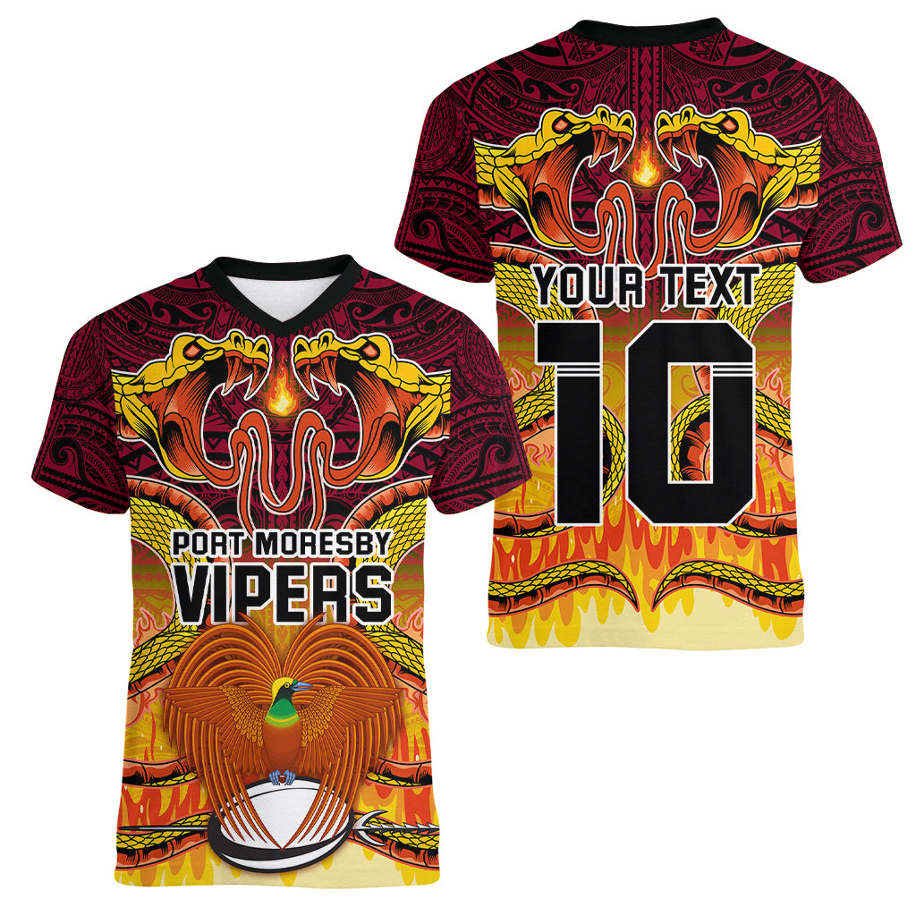 Custom PNG Port Moresby Vipers Rugby Women V Neck T Shirt Fire Vipers Mix PNG Bird Polynesian Tattoo LT03 - Polynesian Pride