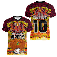 Custom PNG Port Moresby Vipers Rugby Women V Neck T Shirt Fire Vipers Mix PNG Bird Polynesian Tattoo LT03 - Polynesian Pride