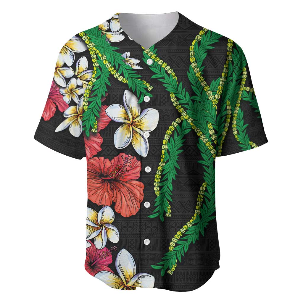 Hawaiian Tropical Flowers and Maile Pikake Baseball Jersey Polynesian Tribal Pattern Black Color