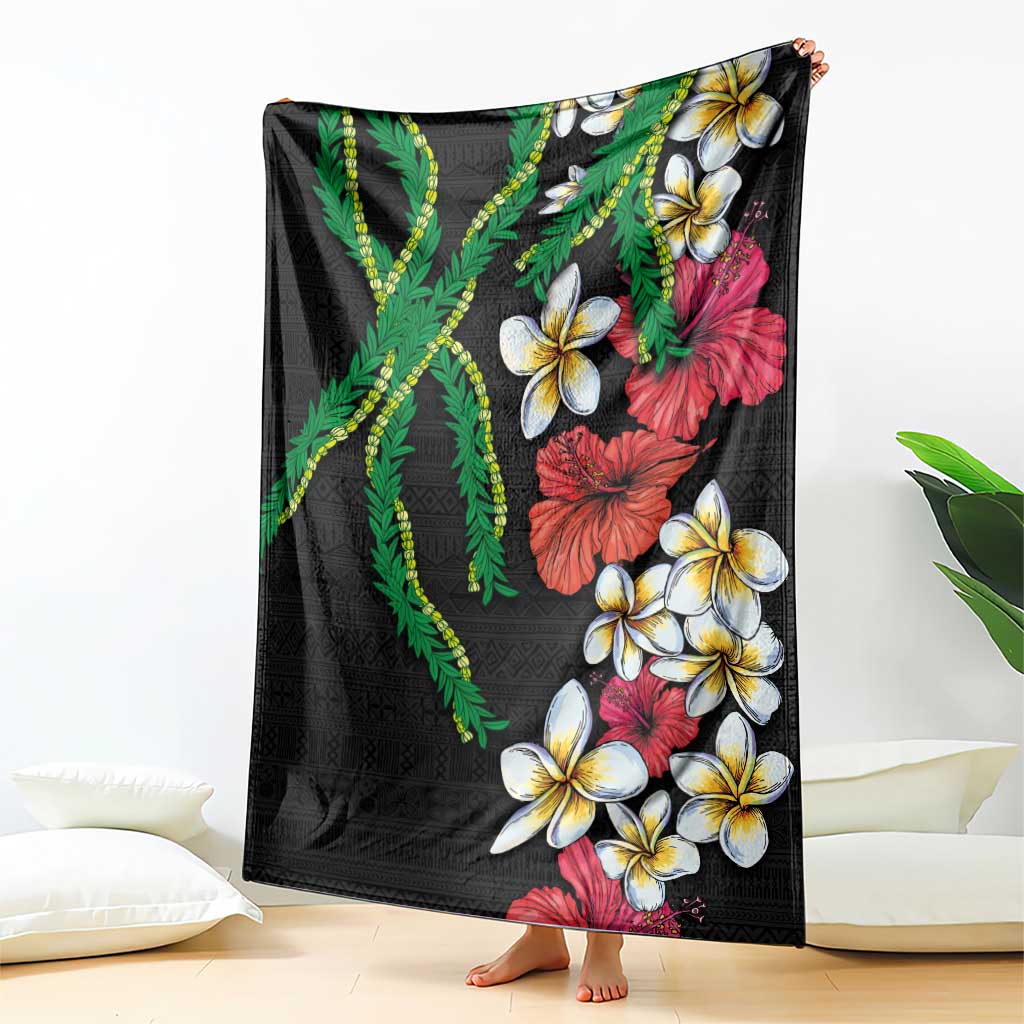 Hawaiian Tropical Flowers and Maile Pikake Blanket Polynesian Tribal Pattern Black Color