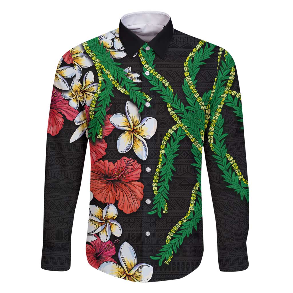 Hawaiian Tropical Flowers and Maile Pikake Family Matching Long Sleeve Bodycon Dress and Hawaiian Shirt Polynesian Tribal Pattern Black Color