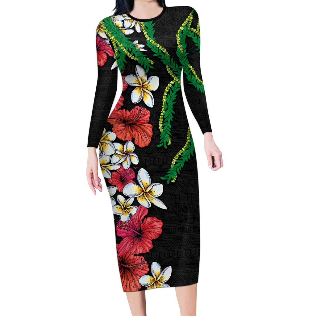 Hawaiian Tropical Flowers and Maile Pikake Family Matching Long Sleeve Bodycon Dress and Hawaiian Shirt Polynesian Tribal Pattern Black Color