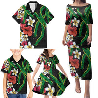 Hawaiian Tropical Flowers and Maile Pikake Family Matching Puletasi and Hawaiian Shirt Polynesian Tribal Pattern Black Color