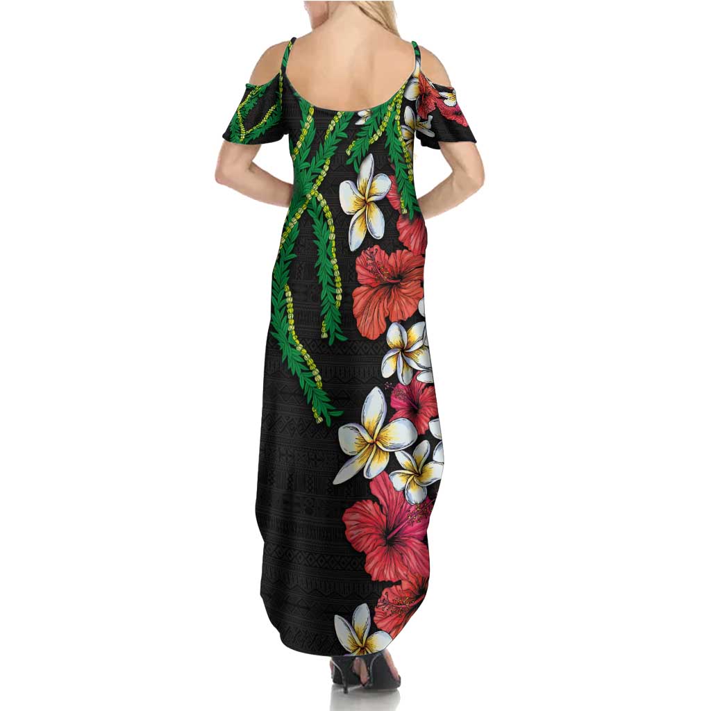Hawaiian Tropical Flowers and Maile Pikake Family Matching Summer Maxi Dress and Hawaiian Shirt Polynesian Tribal Pattern Black Color