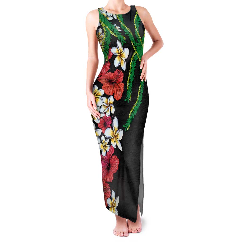 Hawaiian Tropical Flowers and Maile Pikake Family Matching Tank Maxi Dress and Hawaiian Shirt Polynesian Tribal Pattern Black Color