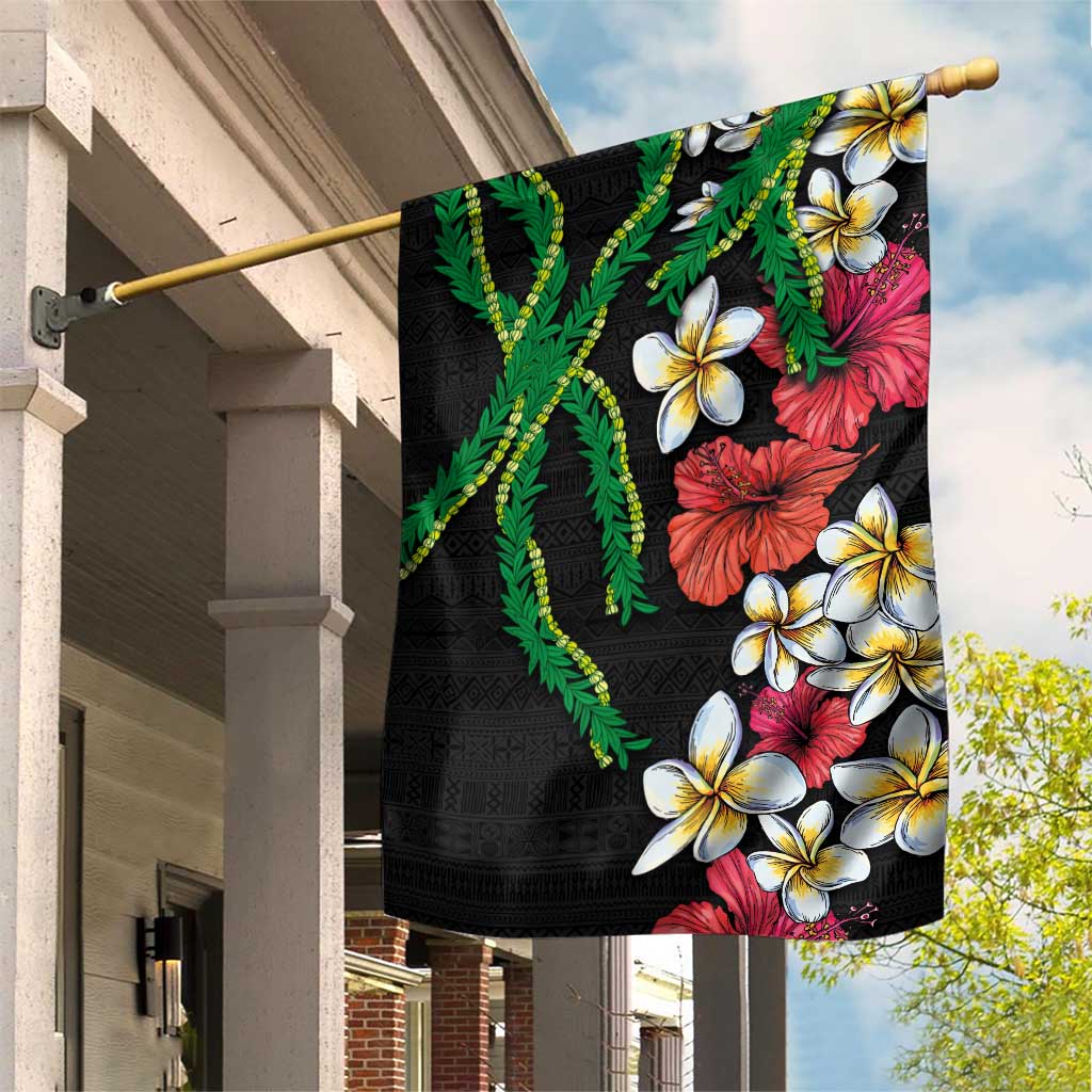 Hawaiian Tropical Flowers and Maile Pikake Garden Flag Polynesian Tribal Pattern Black Color