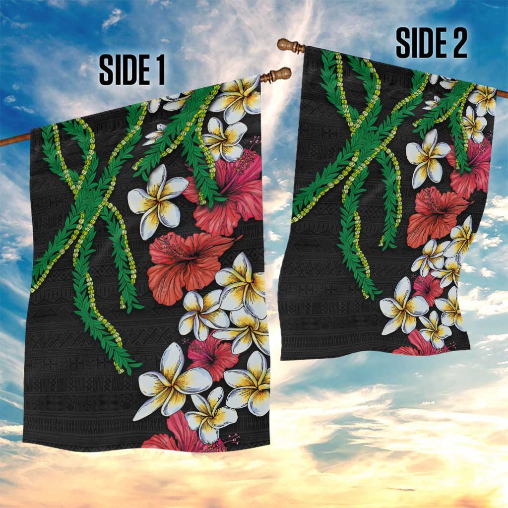Hawaiian Tropical Flowers and Maile Pikake Garden Flag Polynesian Tribal Pattern Black Color
