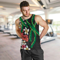 Hawaiian Tropical Flowers and Maile Pikake Men Tank Top Polynesian Tribal Pattern Black Color