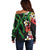 Hawaiian Tropical Flowers and Maile Pikake Off Shoulder Sweater Polynesian Tribal Pattern Black Color