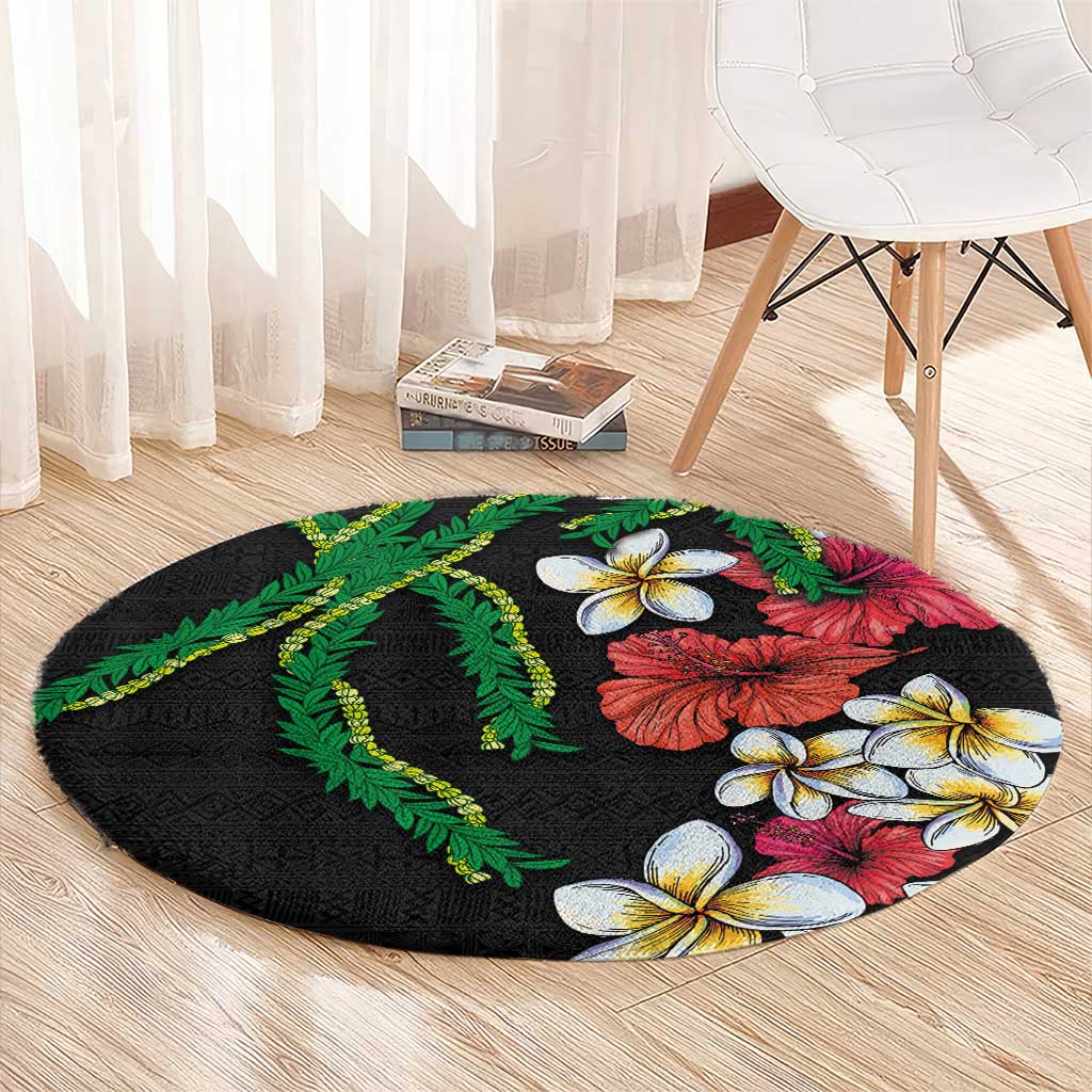 Hawaiian Tropical Flowers and Maile Pikake Round Carpet Polynesian Tribal Pattern Black Color