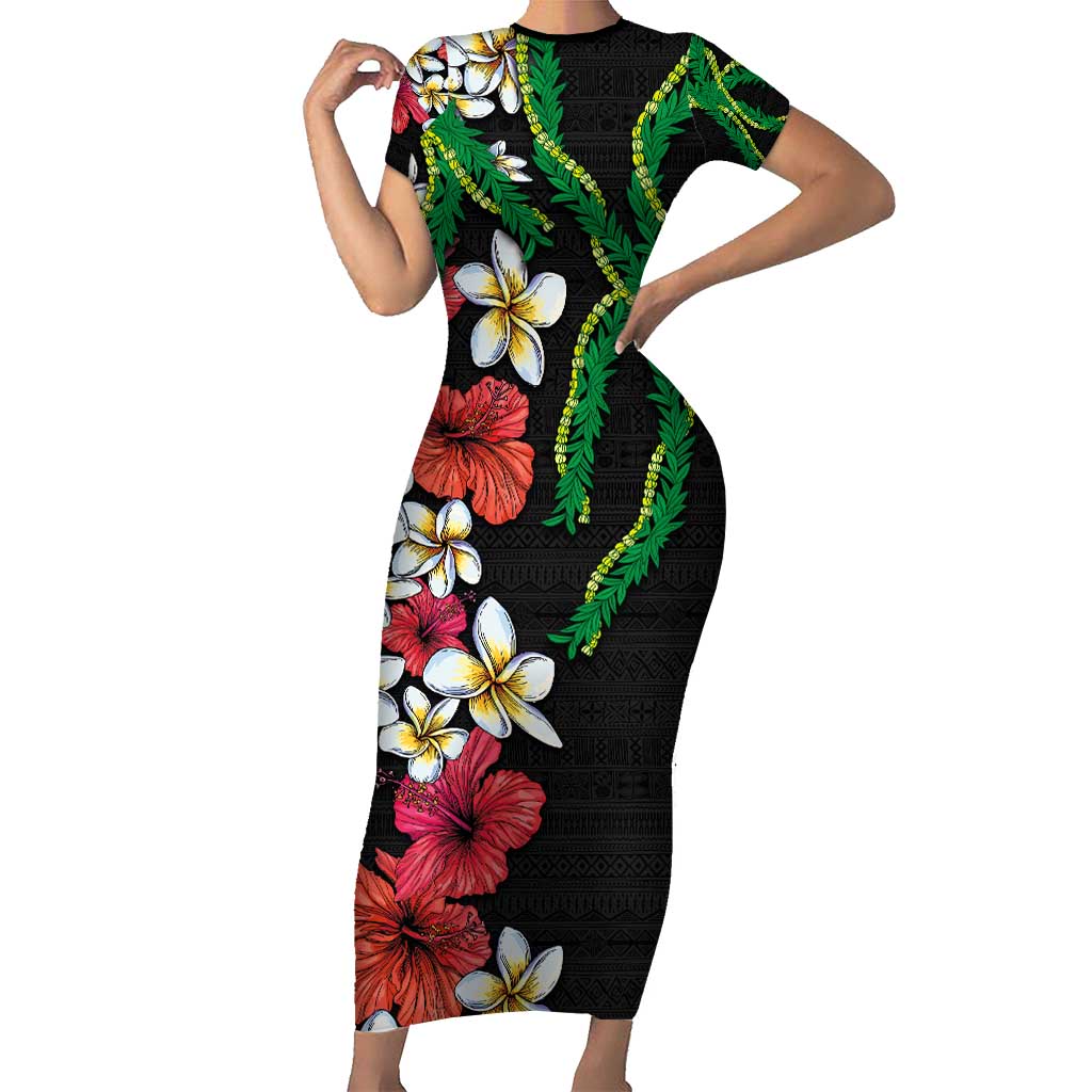 Hawaiian Tropical Flowers and Maile Pikake Short Sleeve Bodycon Dress Polynesian Tribal Pattern Black Color LT03 Long Dress Black - Polynesian Pride