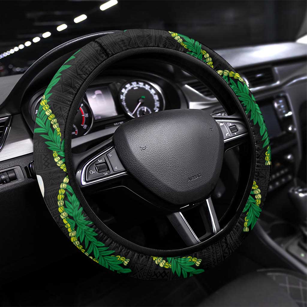 Hawaiian Tropical Flowers and Maile Pikake Steering Wheel Cover Polynesian Tribal Pattern Black Color