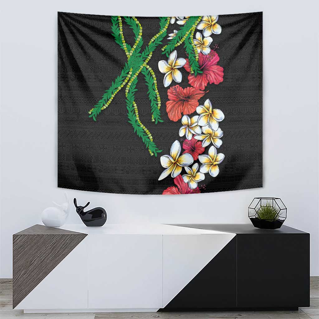 Hawaiian Tropical Flowers and Maile Pikake Tapestry Polynesian Tribal Pattern Black Color