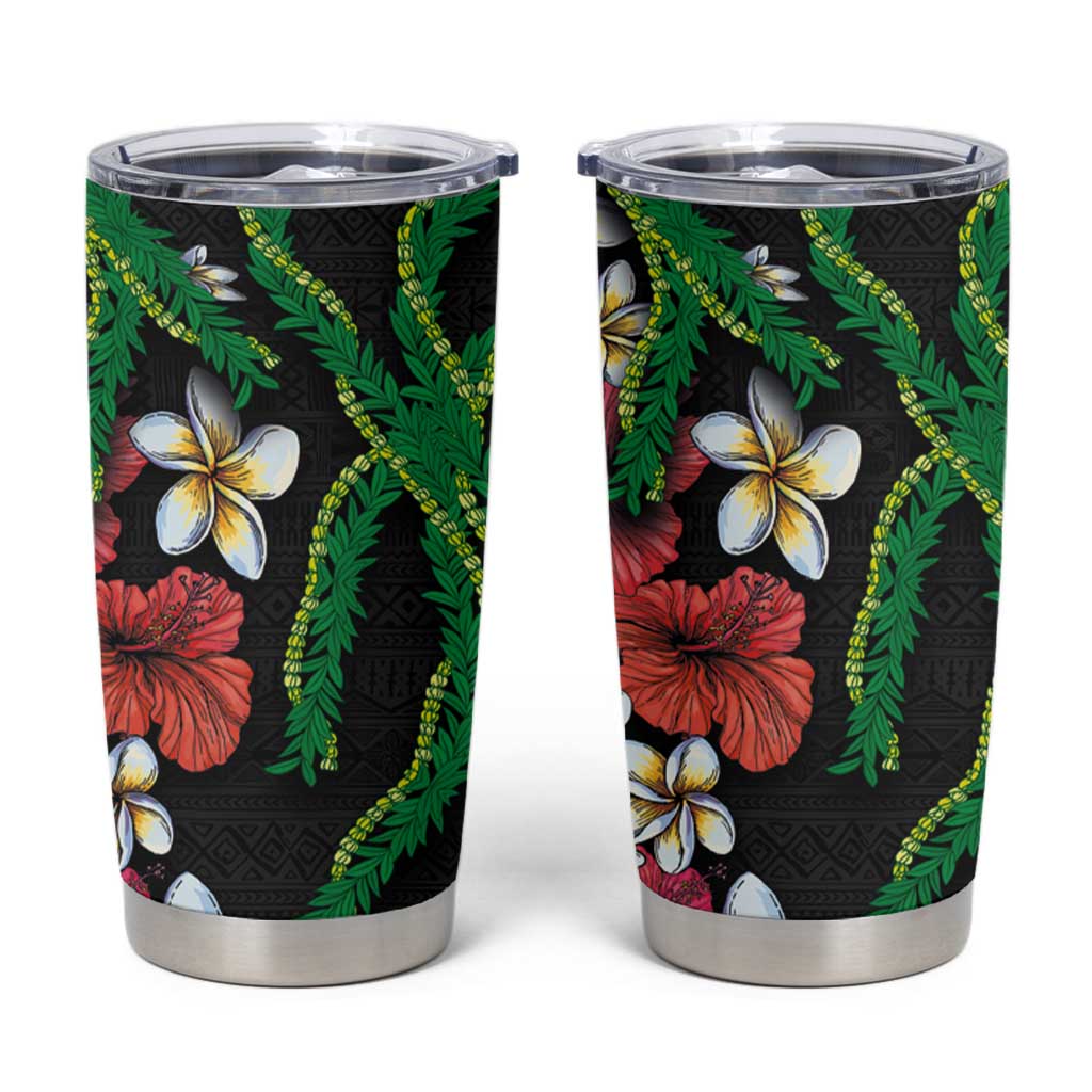 Hawaiian Tropical Flowers and Maile Pikake Tumbler Cup Polynesian Tribal Pattern Black Color