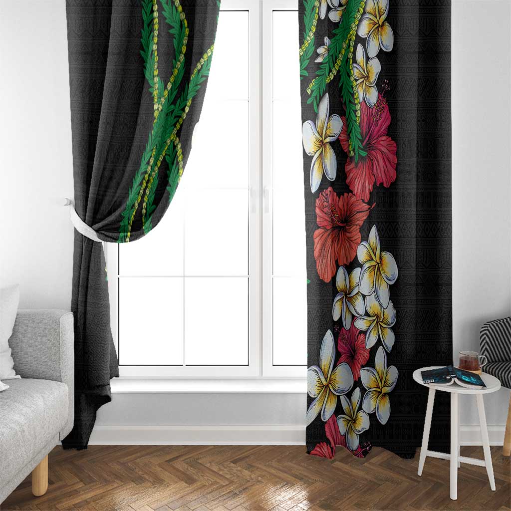 Hawaiian Tropical Flowers and Maile Pikake Window Curtain Polynesian Tribal Pattern Black Color