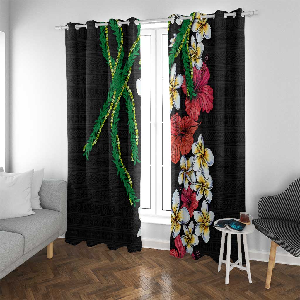 Hawaiian Tropical Flowers and Maile Pikake Window Curtain Polynesian Tribal Pattern Black Color