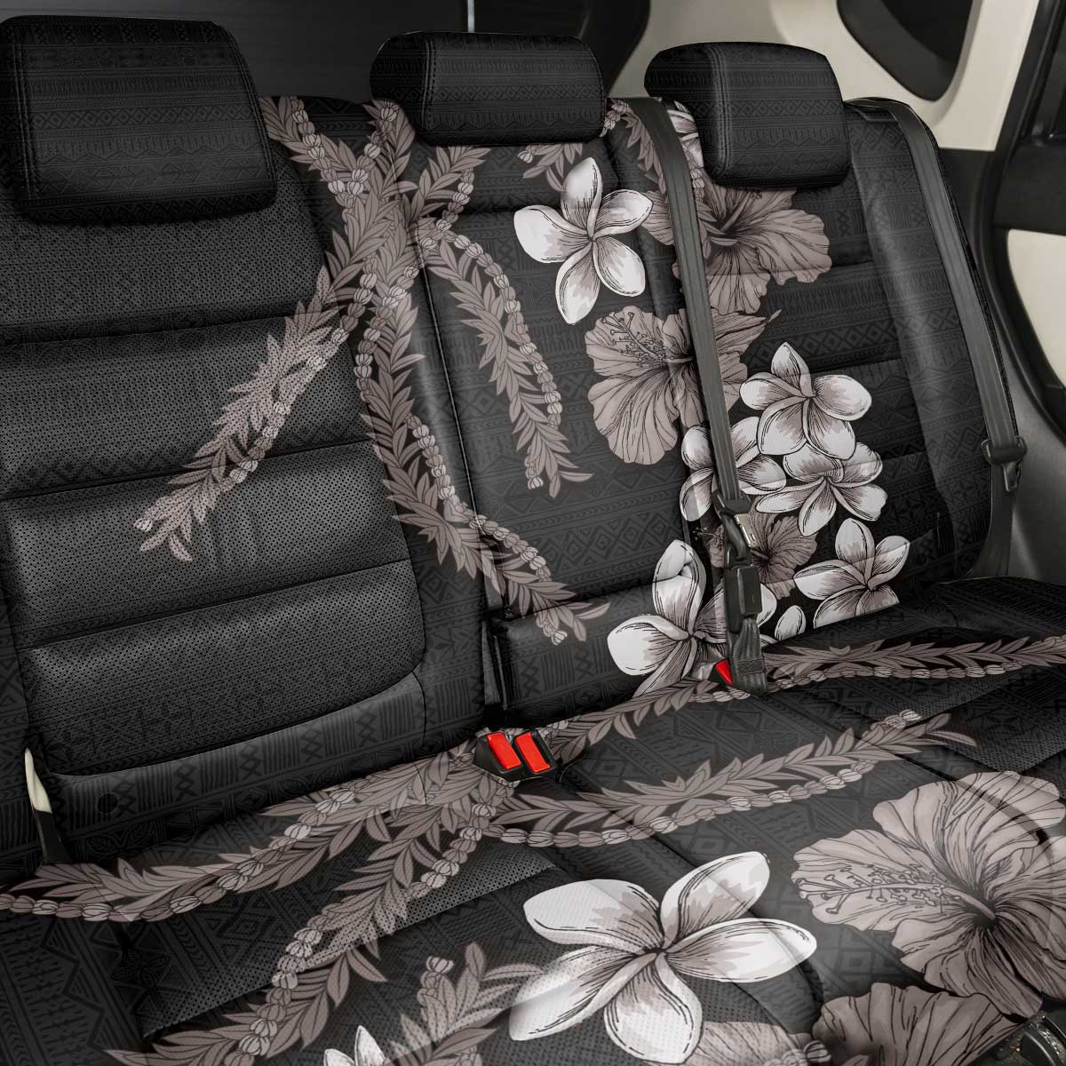 Hawaiian Tropical Flowers and Maile Pikake Back Car Seat Cover Polynesian Tribal Pattern Grayscale Mode