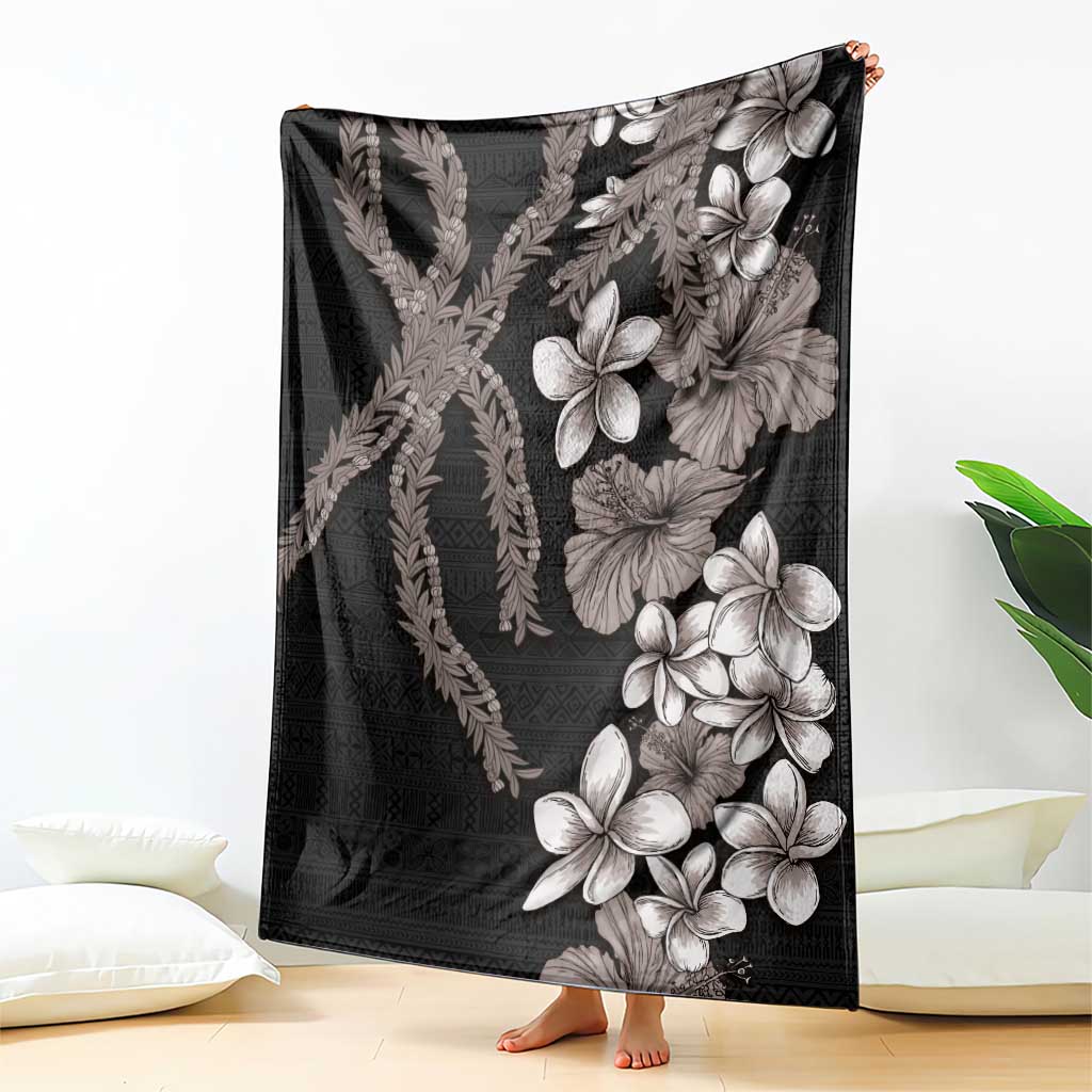 Hawaiian Tropical Flowers and Maile Pikake Blanket Polynesian Tribal Pattern Grayscale Mode