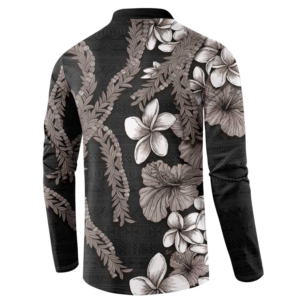 Hawaiian Tropical Flowers and Maile Pikake Button Sweatshirt Polynesian Tribal Pattern Grayscale Mode