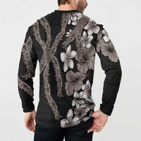 Hawaiian Tropical Flowers and Maile Pikake Button Sweatshirt Polynesian Tribal Pattern Grayscale Mode