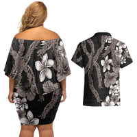 Hawaiian Tropical Flowers and Maile Pikake Couples Matching Off Shoulder Short Dress and Hawaiian Shirt Polynesian Tribal Pattern Grayscale Mode LT03