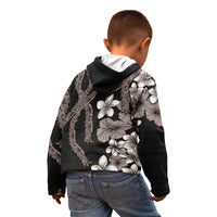 Hawaiian Tropical Flowers and Maile Pikake Kid Hoodie Polynesian Tribal Pattern Grayscale Mode