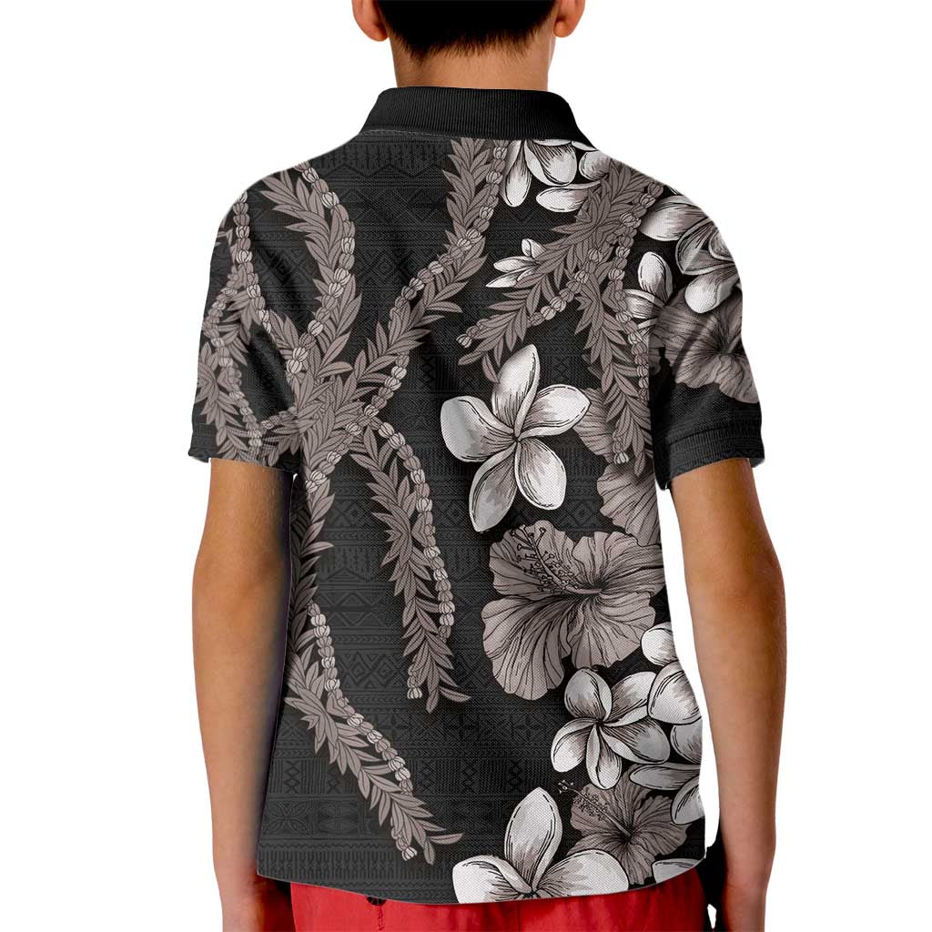 Hawaiian Tropical Flowers and Maile Pikake Kid Polo Shirt Polynesian Tribal Pattern Grayscale Mode