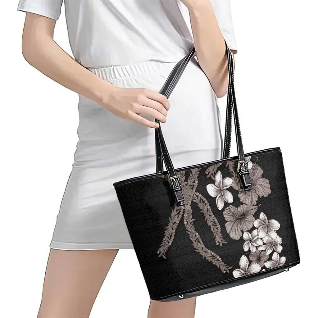 Hawaiian Tropical Flowers and Maile Pikake Leather Tote Bag Polynesian Tribal Pattern Grayscale Mode