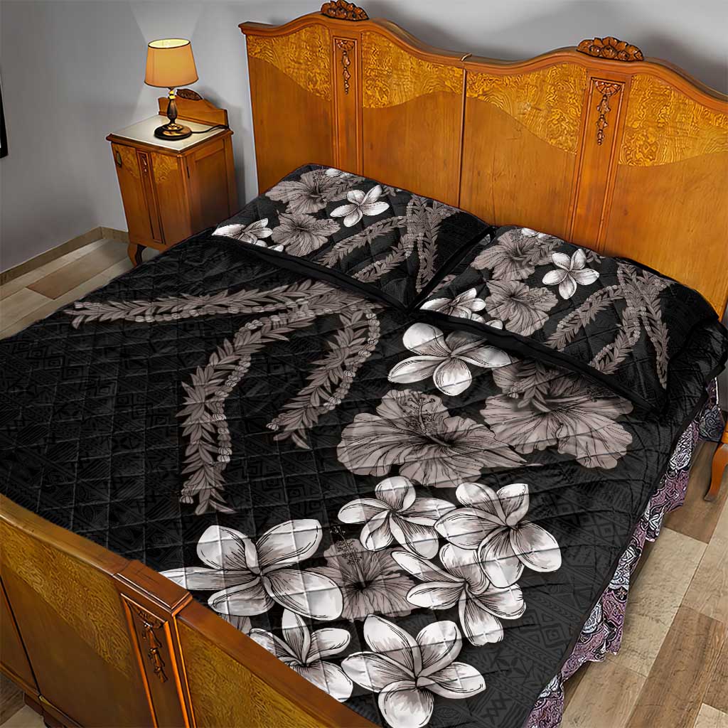 Hawaiian Tropical Flowers and Maile Pikake Quilt Bed Set Polynesian Tribal Pattern Grayscale Mode