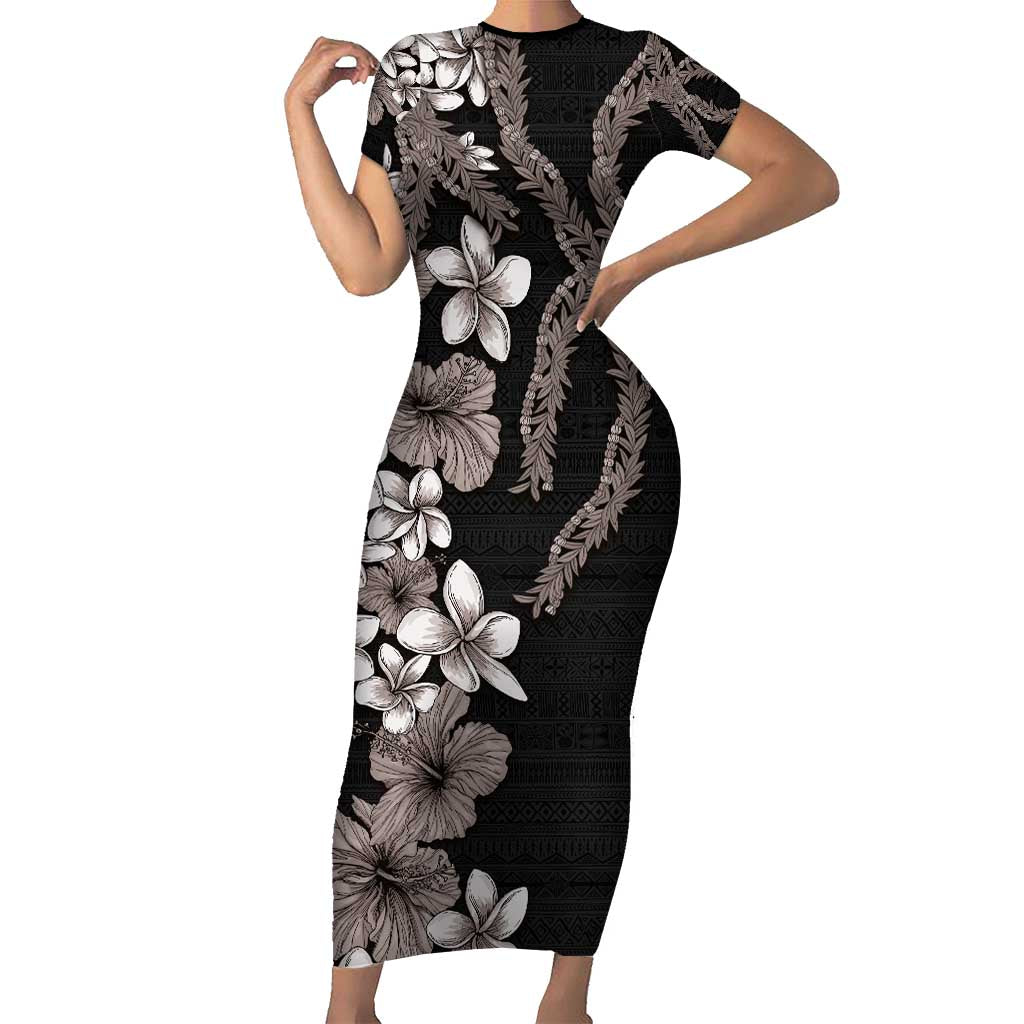 Hawaiian Tropical Flowers and Maile Pikake Short Sleeve Bodycon Dress Polynesian Tribal Pattern Grayscale Mode