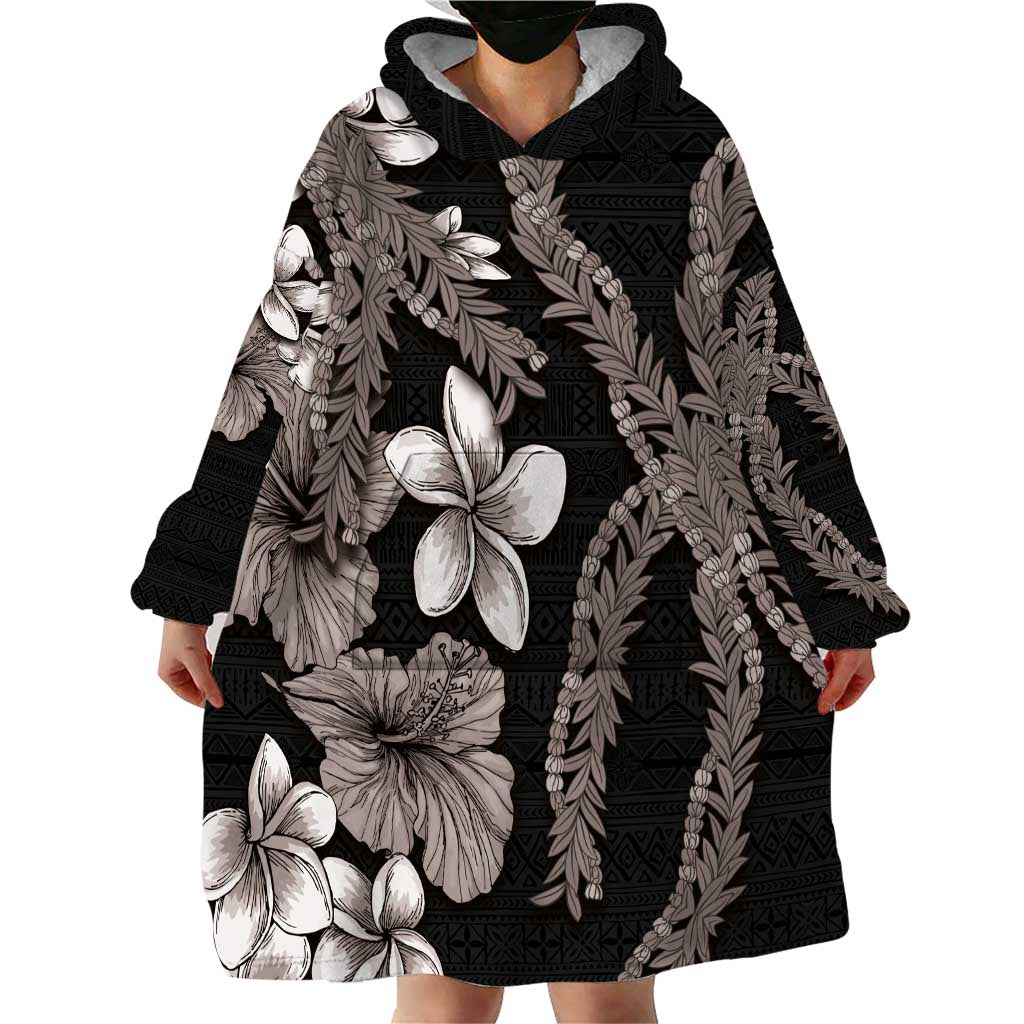 Hawaiian Tropical Flowers and Maile Pikake Wearable Blanket Hoodie Polynesian Tribal Pattern Grayscale Mode