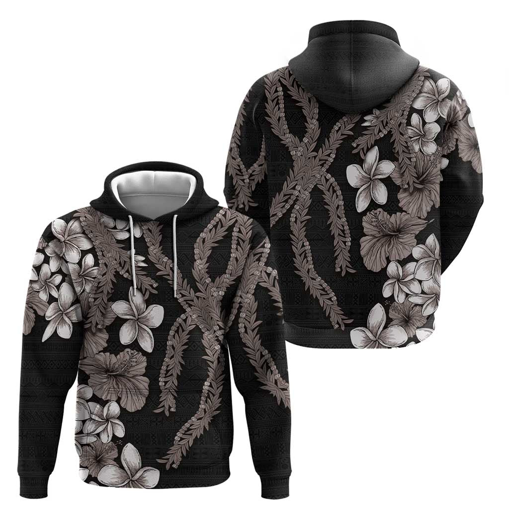 Hawaiian Tropical Flowers and Maile Pikake Zip Hoodie Polynesian Tribal Pattern Grayscale Mode