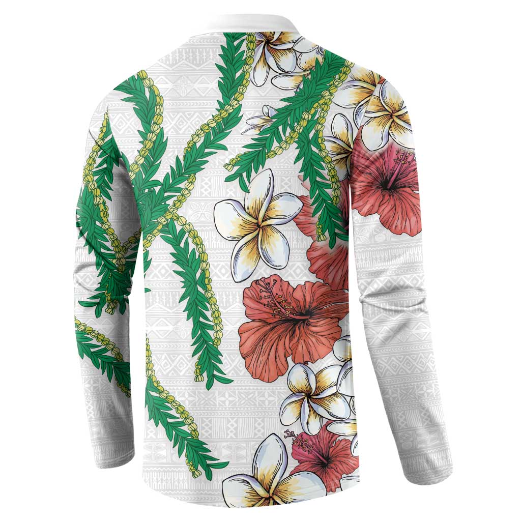 Hawaiian Tropical Flowers and Maile Pikake Button Sweatshirt Polynesian Tribal Pattern White Color