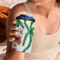 Hawaiian Tropical Flowers and Maile Pikake 4 in 1 Can Cooler Tumbler Polynesian Tribal Pattern White Color