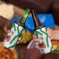 Hawaiian Tropical Flowers and Maile Pikake 4 in 1 Can Cooler Tumbler Polynesian Tribal Pattern White Color