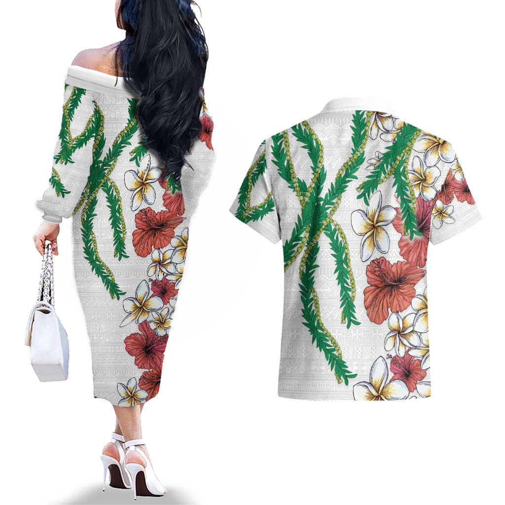 Hawaiian Tropical Flowers and Maile Pikake Couples Matching Off The Shoulder Long Sleeve Dress and Hawaiian Shirt Polynesian Tribal Pattern White Color