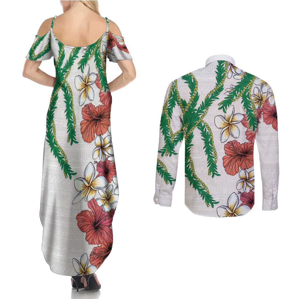 Hawaiian Tropical Flowers and Maile Pikake Couples Matching Summer Maxi Dress and Long Sleeve Button Shirt Polynesian Tribal Pattern White Color
