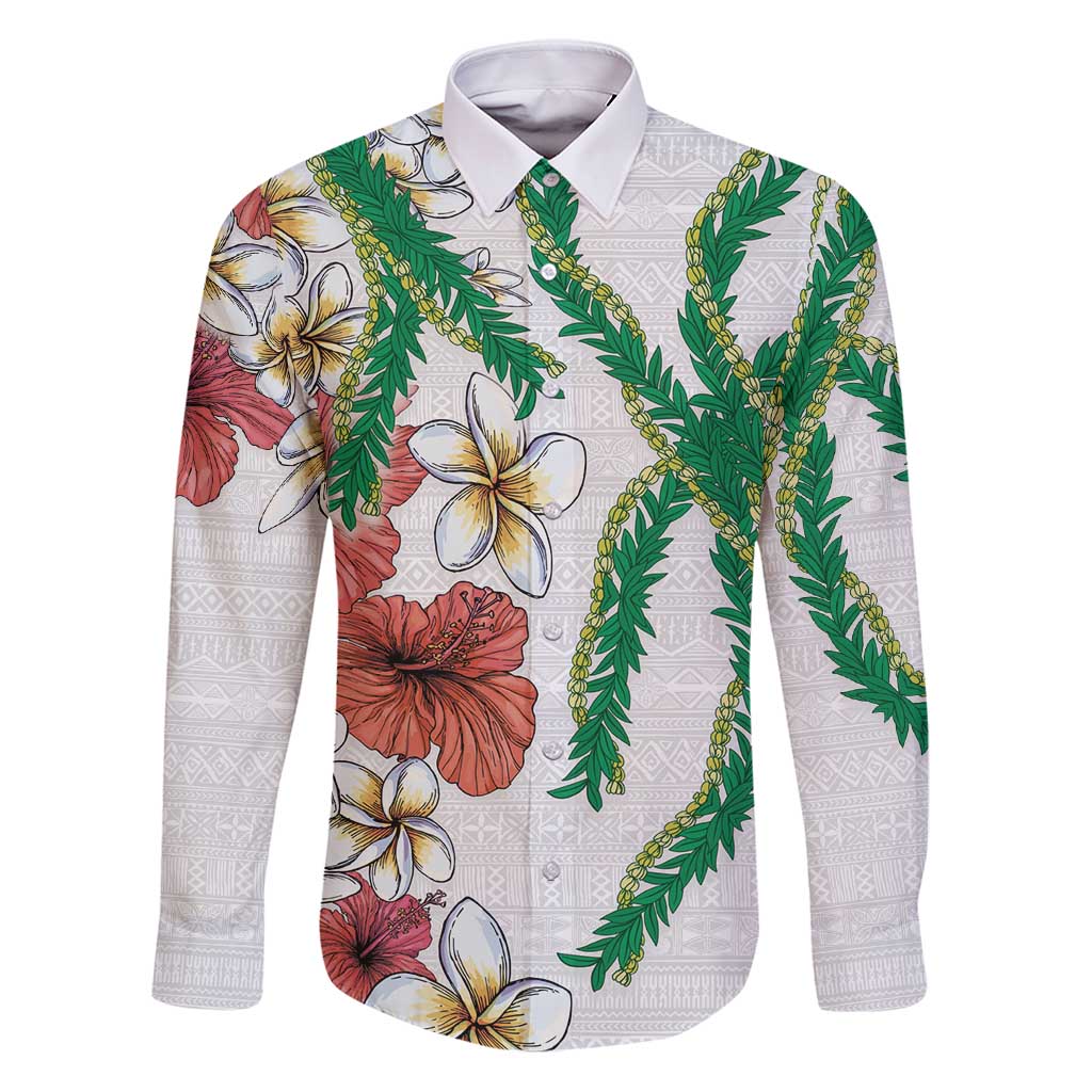 Hawaiian Tropical Flowers and Maile Pikake Family Matching Puletasi and Hawaiian Shirt Polynesian Tribal Pattern White Color