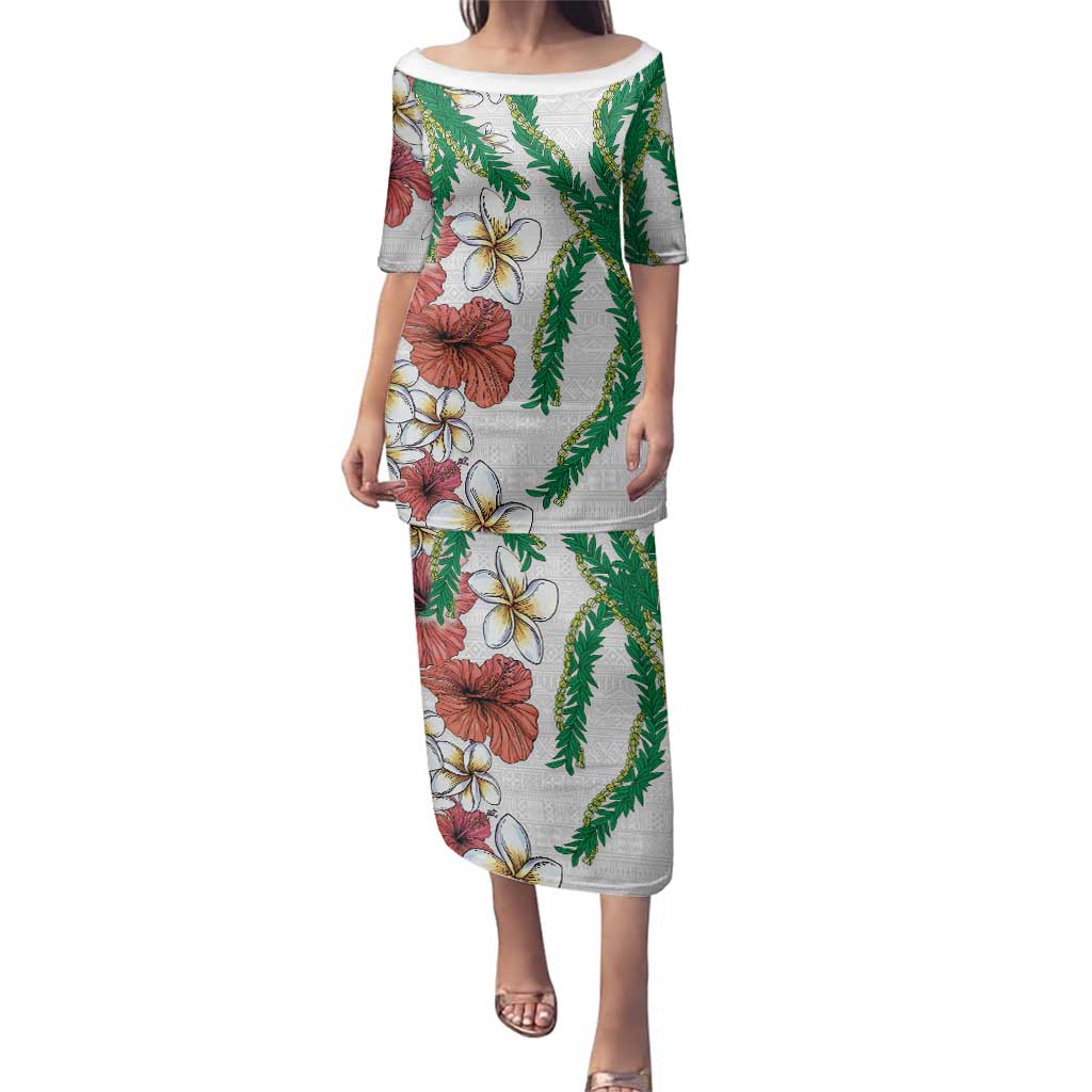 Hawaiian Tropical Flowers and Maile Pikake Family Matching Puletasi and Hawaiian Shirt Polynesian Tribal Pattern White Color