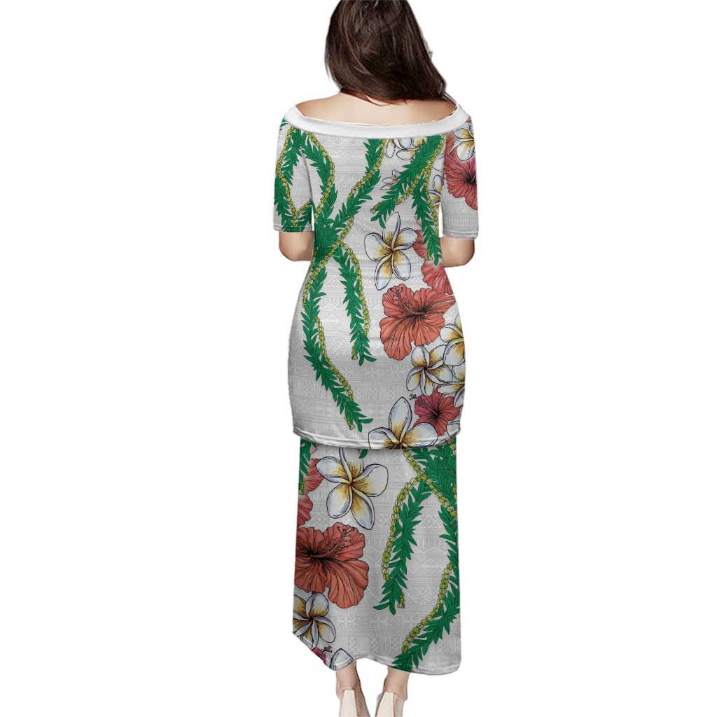 Hawaiian Tropical Flowers and Maile Pikake Family Matching Puletasi and Hawaiian Shirt Polynesian Tribal Pattern White Color