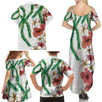 Hawaiian Tropical Flowers and Maile Pikake Family Matching Summer Maxi Dress and Hawaiian Shirt Polynesian Tribal Pattern White Color